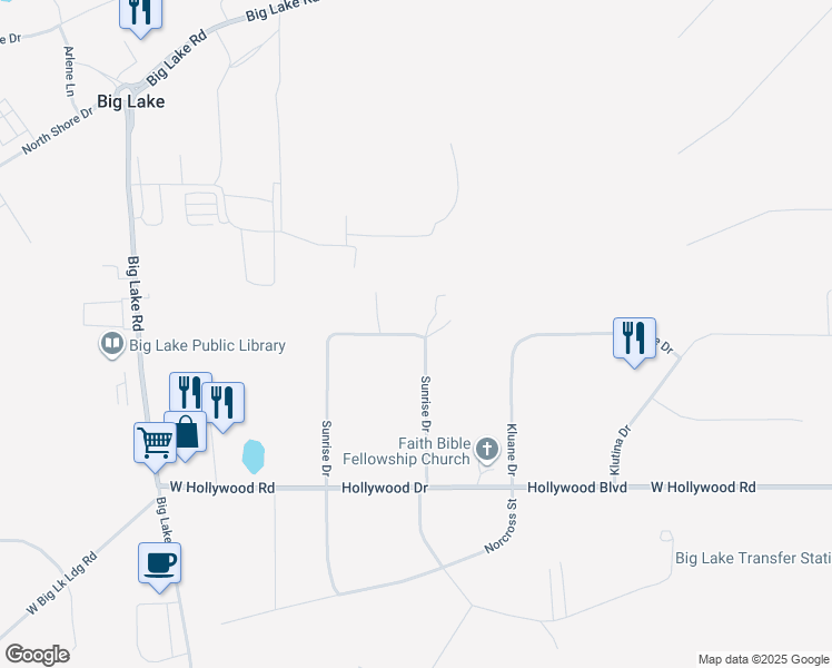 map of restaurants, bars, coffee shops, grocery stores, and more near 13971 West Sunrise Drive in Wasilla