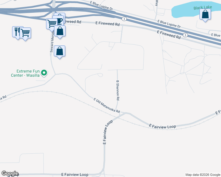 map of restaurants, bars, coffee shops, grocery stores, and more near 1588 South B Shannon Street in Wasilla