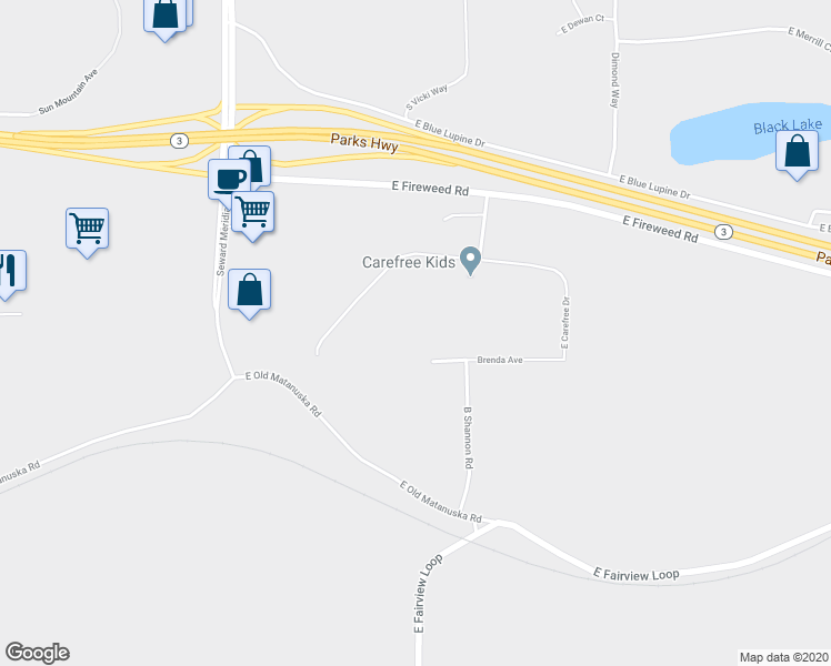 map of restaurants, bars, coffee shops, grocery stores, and more near 3851 E Brenda Ave in Wasilla