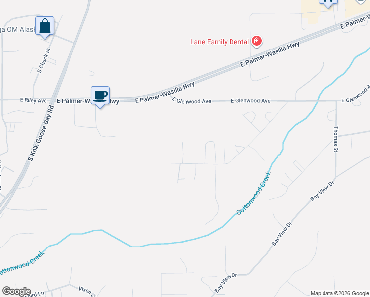 map of restaurants, bars, coffee shops, grocery stores, and more near 651 East Creekside Drive in Wasilla