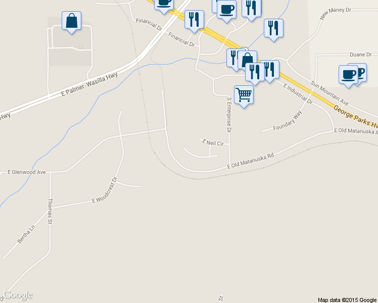 map of restaurants, bars, coffee shops, grocery stores, and more near 1788 Neil Circle in Wasilla