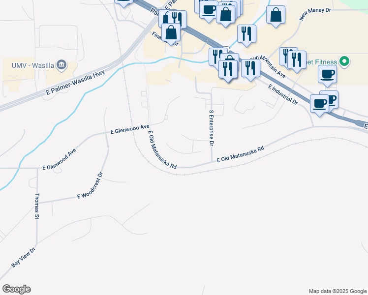 map of restaurants, bars, coffee shops, grocery stores, and more near 1745 East Neil Circle in Wasilla