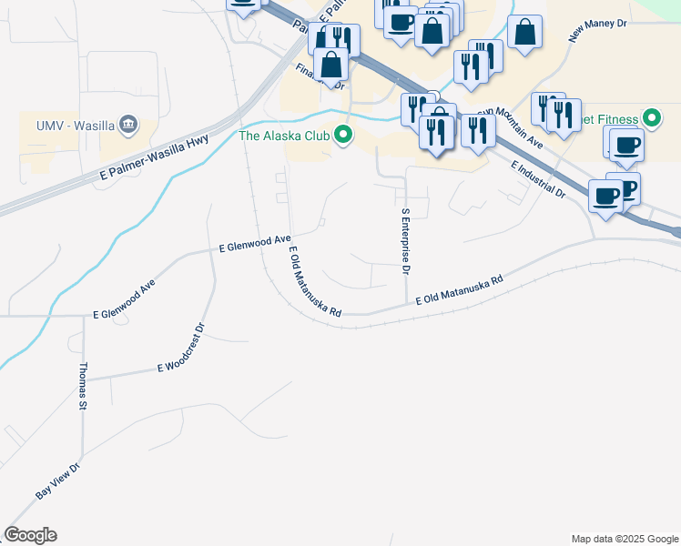 map of restaurants, bars, coffee shops, grocery stores, and more near 1745 East Neil Circle in Wasilla