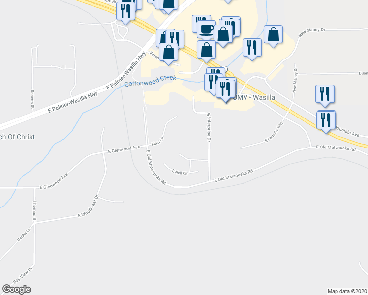 map of restaurants, bars, coffee shops, grocery stores, and more near 1745 East Neil Circle in Wasilla