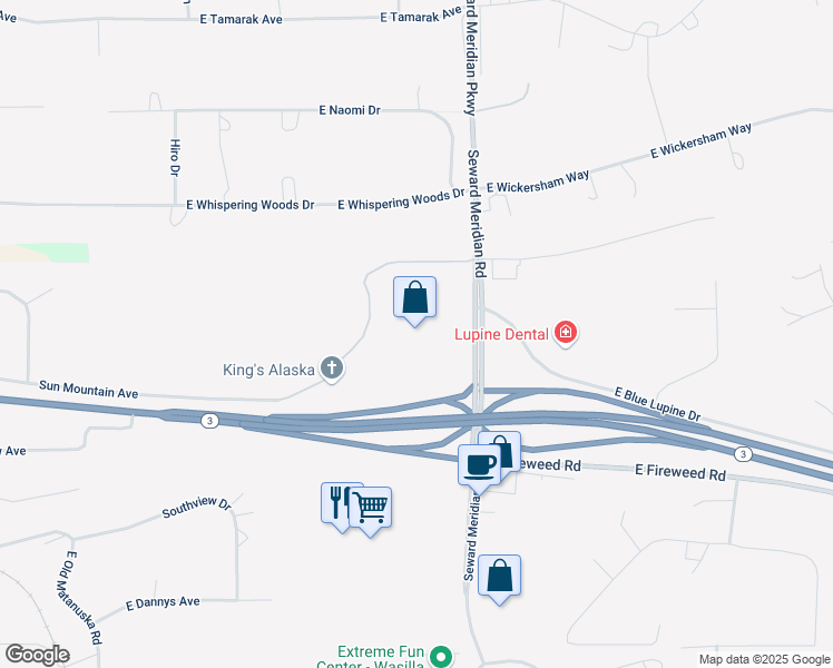 map of restaurants, bars, coffee shops, grocery stores, and more near 1000 South Seward Meridian Parkway in Wasilla