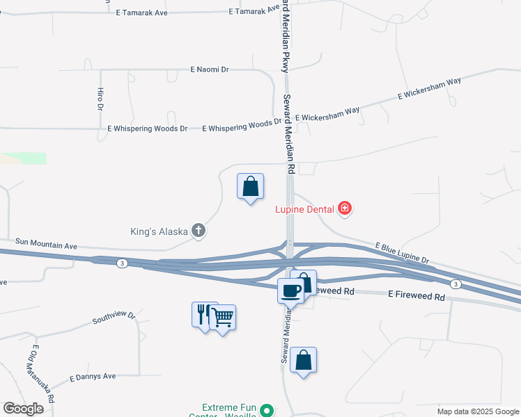 map of restaurants, bars, coffee shops, grocery stores, and more near 1000 South Seward Meridian Parkway in Wasilla