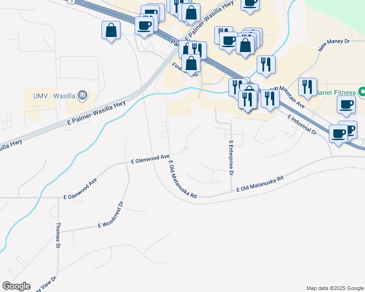 map of restaurants, bars, coffee shops, grocery stores, and more near 1610 Kinzi Circle in Wasilla