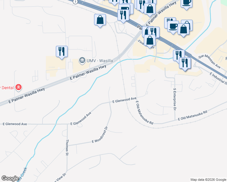 map of restaurants, bars, coffee shops, grocery stores, and more near 951 Woodcrest Circle in Wasilla