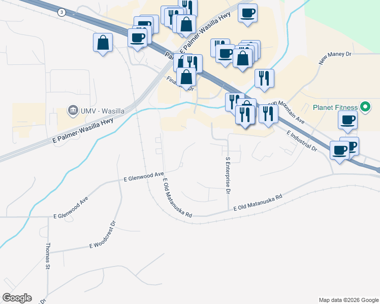 map of restaurants, bars, coffee shops, grocery stores, and more near 1650 Kinzi Circle in Wasilla