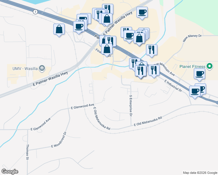 map of restaurants, bars, coffee shops, grocery stores, and more near 1670 Kinzi Circle in Wasilla