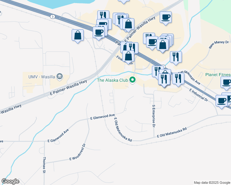 map of restaurants, bars, coffee shops, grocery stores, and more near 851 East Old Matanuska Road in Wasilla