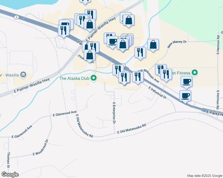 map of restaurants, bars, coffee shops, grocery stores, and more near 900 South Enterprise Drive in Wasilla