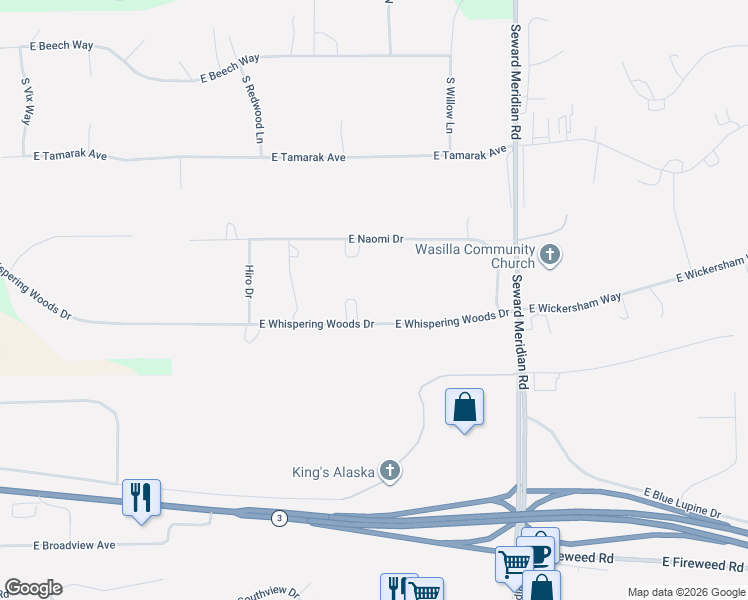 map of restaurants, bars, coffee shops, grocery stores, and more near 3300 East Whispering Woods Drive in Wasilla