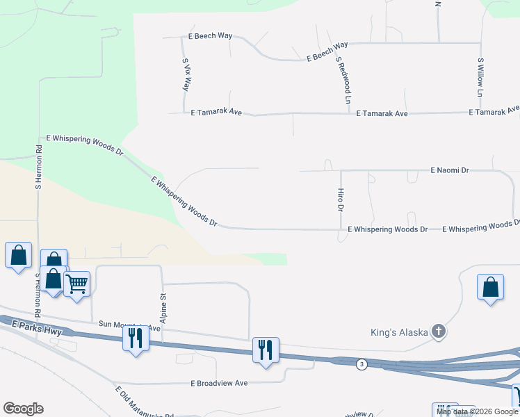 map of restaurants, bars, coffee shops, grocery stores, and more near 2901 East Whispering Woods Drive in Wasilla