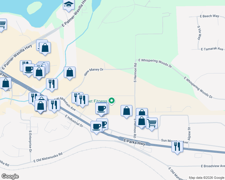 map of restaurants, bars, coffee shops, grocery stores, and more near 2151 Sun Mountain Avenue in Wasilla
