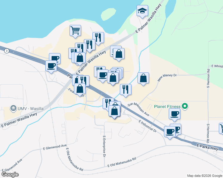 map of restaurants, bars, coffee shops, grocery stores, and more near 1771 E Parks Hwy in Wasilla
