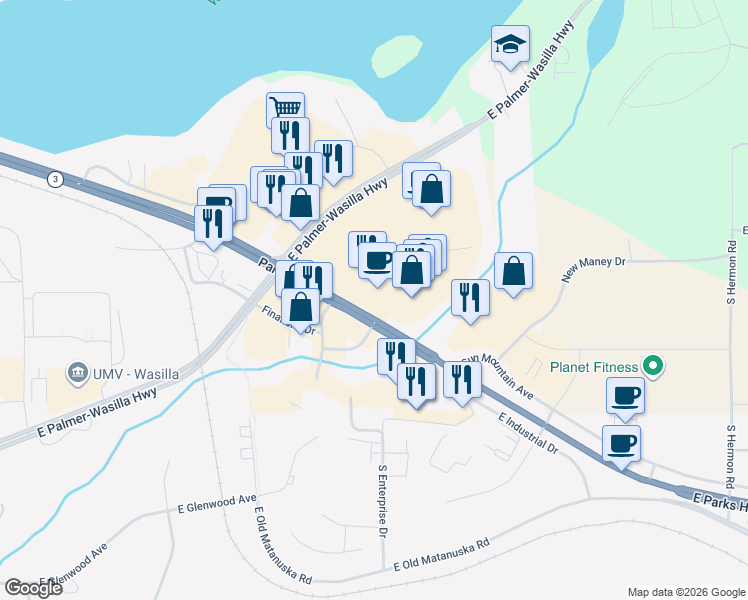 map of restaurants, bars, coffee shops, grocery stores, and more near 1771 East Parks Highway in Wasilla