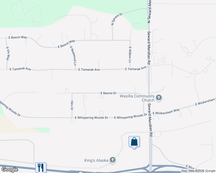 map of restaurants, bars, coffee shops, grocery stores, and more near 3362 East Tamarak Avenue in Wasilla