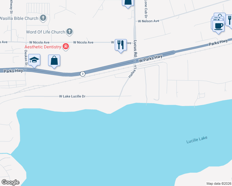 map of restaurants, bars, coffee shops, grocery stores, and more near 1321 West Lake Lucille Drive in Wasilla