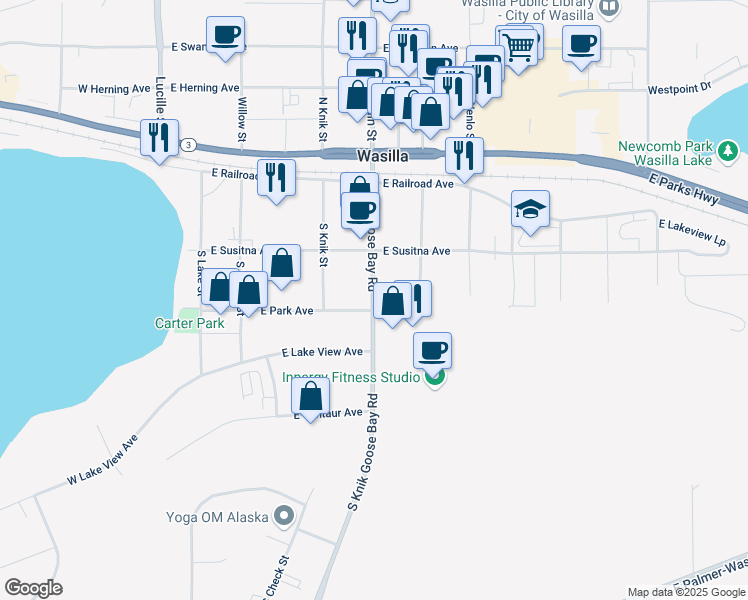 map of restaurants, bars, coffee shops, grocery stores, and more near 599 South Boundary Street in Wasilla