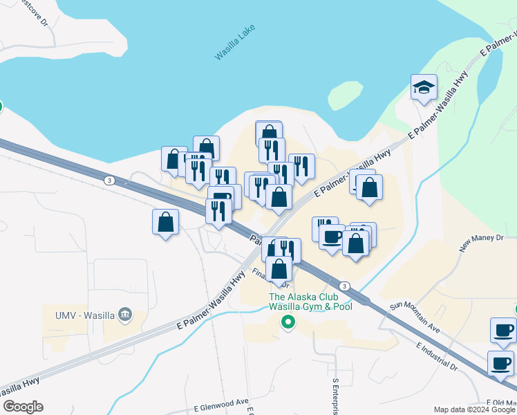 map of restaurants, bars, coffee shops, grocery stores, and more near 1601 East Parks Highway in Wasilla