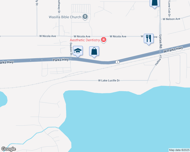 map of restaurants, bars, coffee shops, grocery stores, and more near 1591 West Lake Lucille Drive in Wasilla