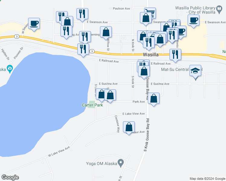 map of restaurants, bars, coffee shops, grocery stores, and more near 511 South Willow Street in Wasilla