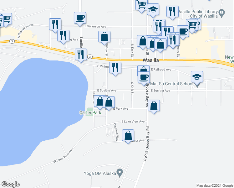 map of restaurants, bars, coffee shops, grocery stores, and more near 240 East Susitna Avenue in Wasilla