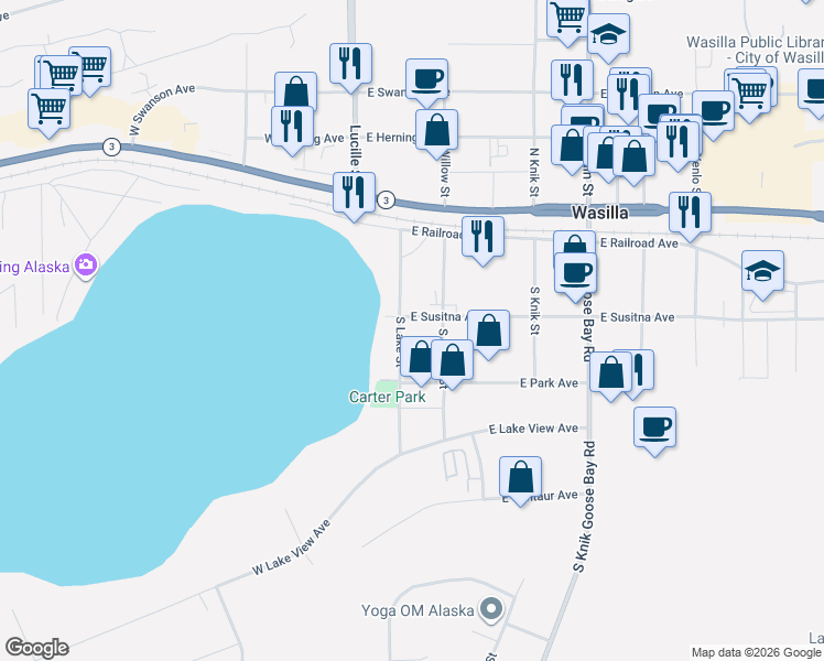 map of restaurants, bars, coffee shops, grocery stores, and more near 175 Park Avenue in Wasilla