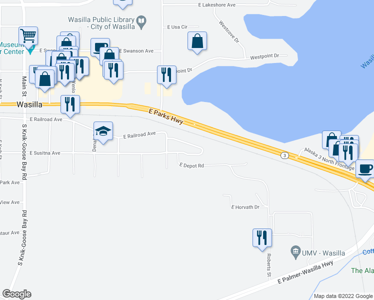 map of restaurants, bars, coffee shops, grocery stores, and more near 22 East Susitna Avenue in Wasilla