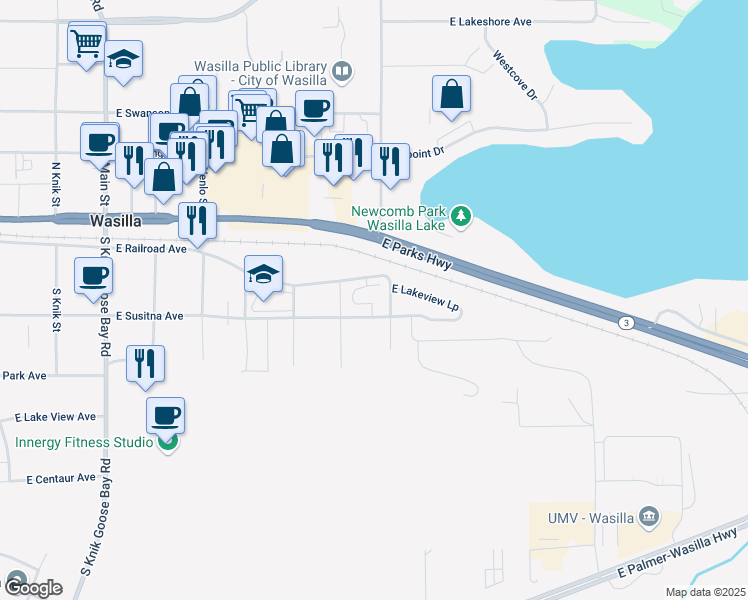 map of restaurants, bars, coffee shops, grocery stores, and more near 800 East Railroad Avenue in Wasilla