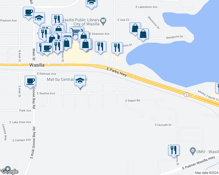 map of restaurants, bars, coffee shops, grocery stores, and more near 800 East Railroad Avenue in Wasilla