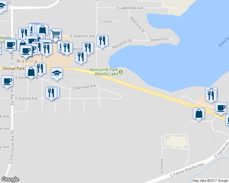 map of restaurants, bars, coffee shops, grocery stores, and more near 22 East Susitna Avenue in Wasilla