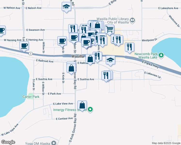 map of restaurants, bars, coffee shops, grocery stores, and more near 451 South Boundary Street in Wasilla