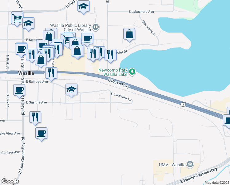 map of restaurants, bars, coffee shops, grocery stores, and more near 15 East Susitna Avenue in Wasilla