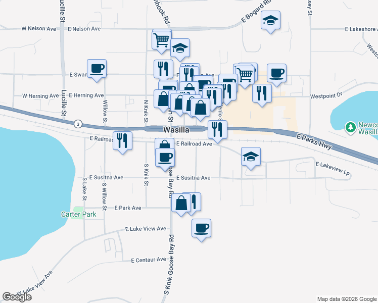 map of restaurants, bars, coffee shops, grocery stores, and more near 1000 South Ridgecrest Road in Wasilla