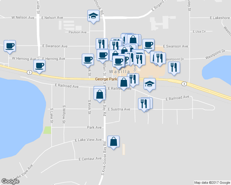map of restaurants, bars, coffee shops, grocery stores, and more near in Wasilla