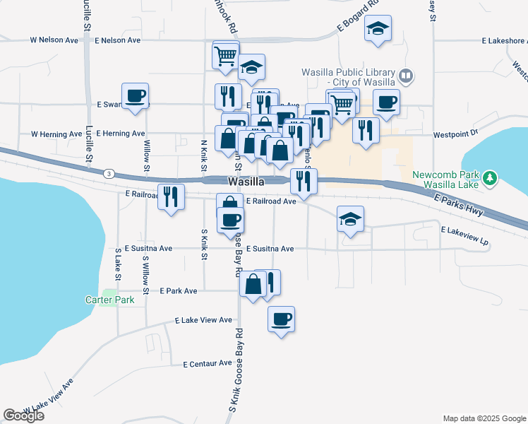 map of restaurants, bars, coffee shops, grocery stores, and more near in Wasilla