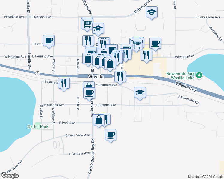 map of restaurants, bars, coffee shops, grocery stores, and more near 451 South Boundary Street in Wasilla