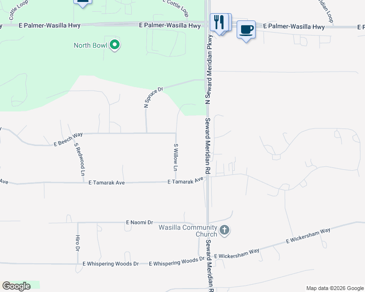 map of restaurants, bars, coffee shops, grocery stores, and more near 451 South Willow Lane in Wasilla