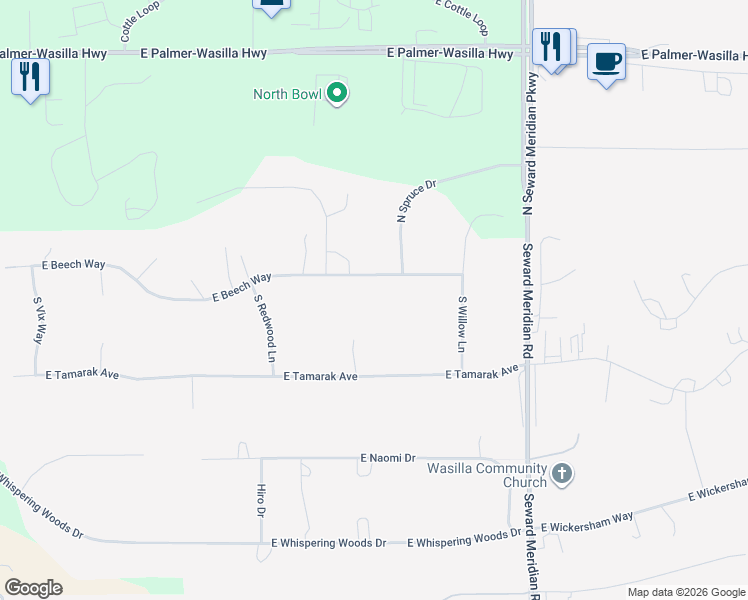 map of restaurants, bars, coffee shops, grocery stores, and more near 3320 East Beech Way in Wasilla