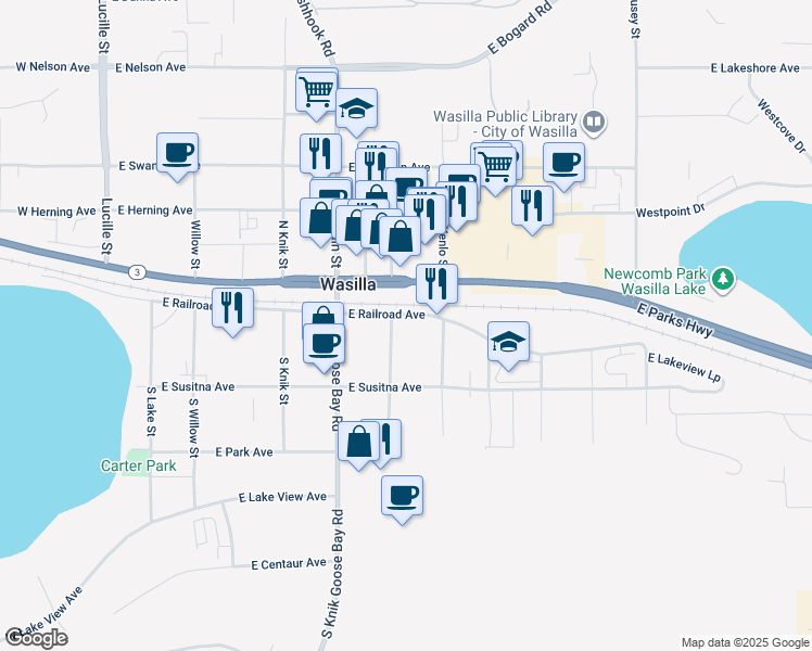 map of restaurants, bars, coffee shops, grocery stores, and more near 451 South Boundary Street in Wasilla