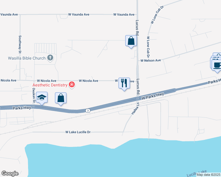 map of restaurants, bars, coffee shops, grocery stores, and more near 1300 West Nicola Avenue in Wasilla