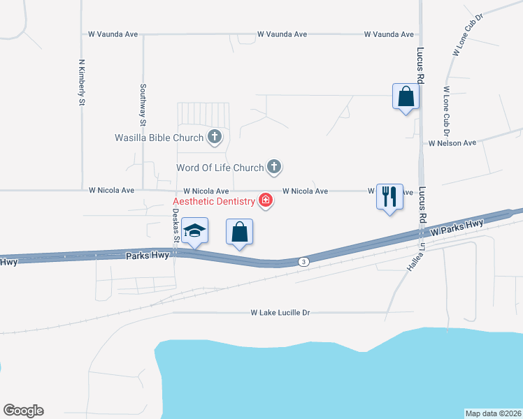 map of restaurants, bars, coffee shops, grocery stores, and more near 1550 West Nicola Avenue in Wasilla
