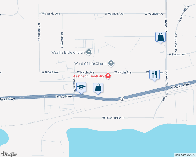 map of restaurants, bars, coffee shops, grocery stores, and more near 1550 West Nicola Avenue in Wasilla