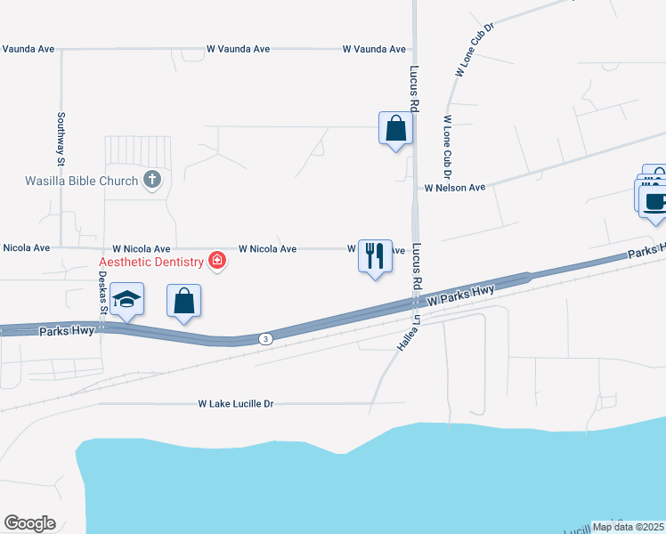 map of restaurants, bars, coffee shops, grocery stores, and more near 1300 West Nicola Avenue in Wasilla