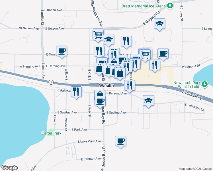 map of restaurants, bars, coffee shops, grocery stores, and more near in Wasilla