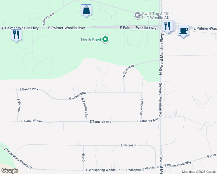 map of restaurants, bars, coffee shops, grocery stores, and more near 3275 East Beech Way in Wasilla