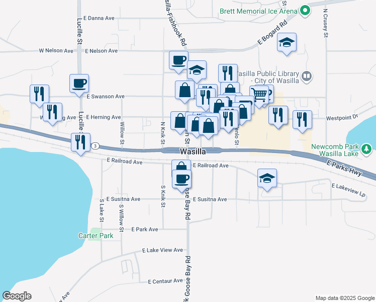 map of restaurants, bars, coffee shops, grocery stores, and more near in Wasilla
