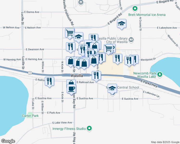 map of restaurants, bars, coffee shops, grocery stores, and more near 491 East Parks Highway in Wasilla